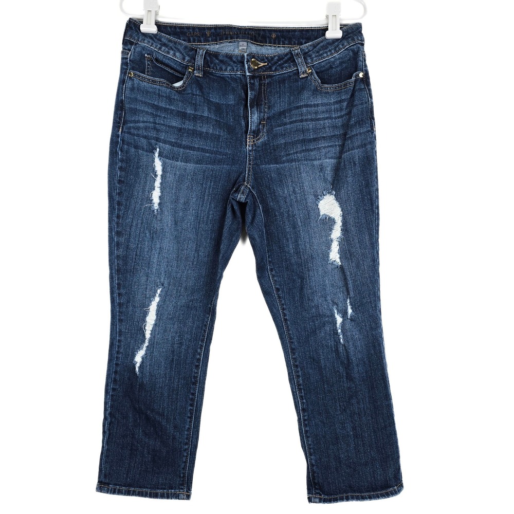 Jennifer Lopez Distressed Capri Jeans Dark Wash Denim Size 12 Mid Rise Cropped